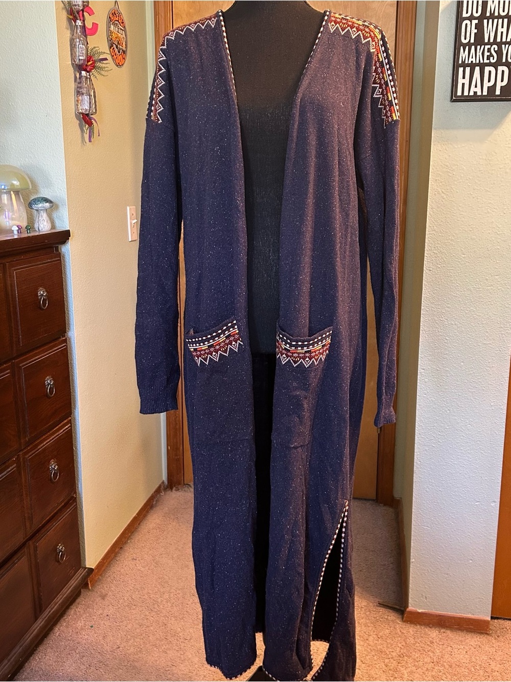 Soft Surroundings navy blue with aztec trim long open front duster cardigan